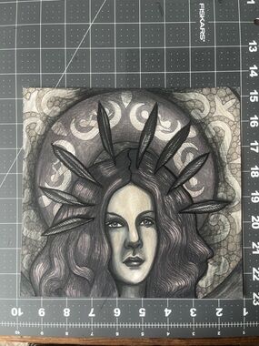 Mystical Woman Portrait with Feather Halo - Neutral Tones